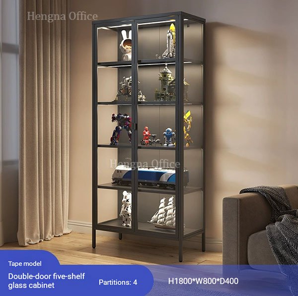 Industrial 5-Tier Black Curio Cabinet with Double Doors – Freestanding Metal Glass Bookshelf & Display Case for Living Room or Home Office