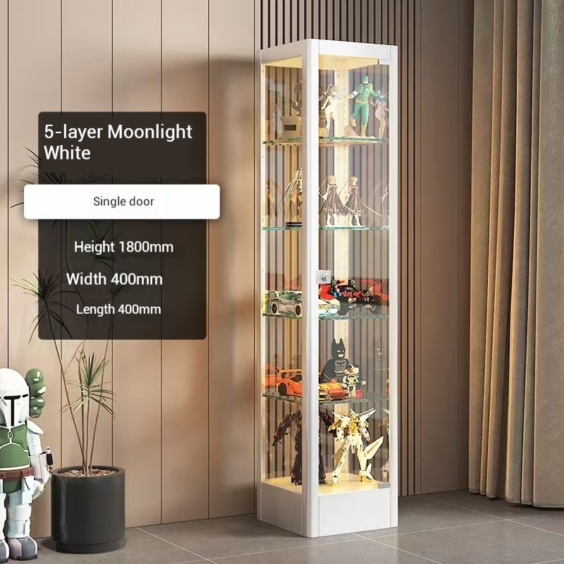 Moonlight white floor-standing glass trophy case with single door for award display