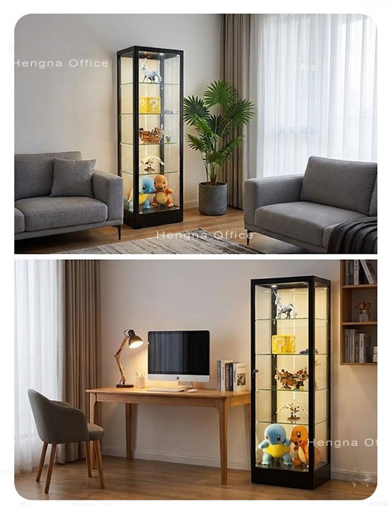 Row of narrow glass display cabinets installed in hobby shop retail environment