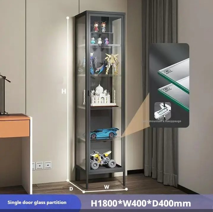 1800mm tall glass showcase cabinet, black steel frame, lockable single door, adjustable tempered glass shelves
