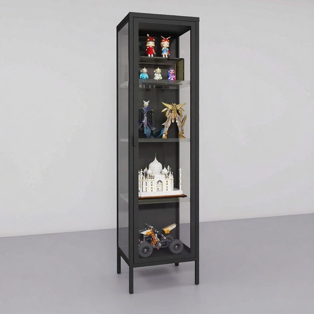 Black powder-coated metal frame narrow curio cabinet with magnetic tempered glass door closure