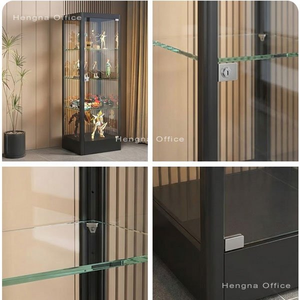 cylinder lock detail on steel frame glass cabinet, secure display storage