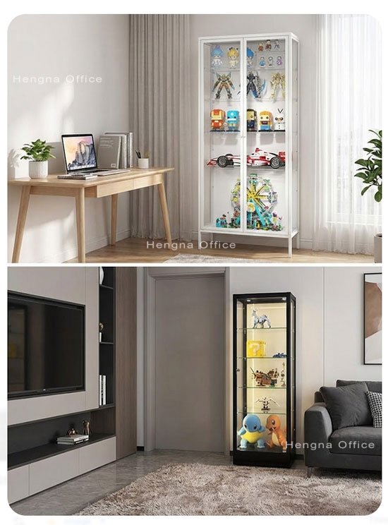 glass display cabinet installed in retail store, showcasing packaged products on adjustable shelves