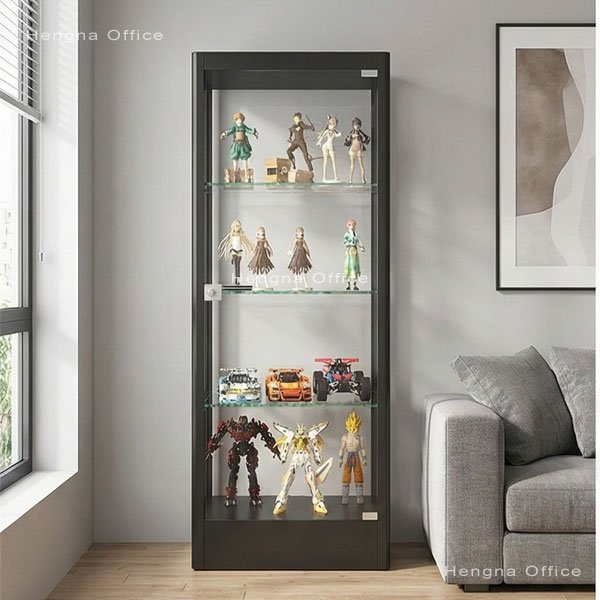 LED glass display cabinet in living room showing Funko Pop collection on four adjustable shelves
