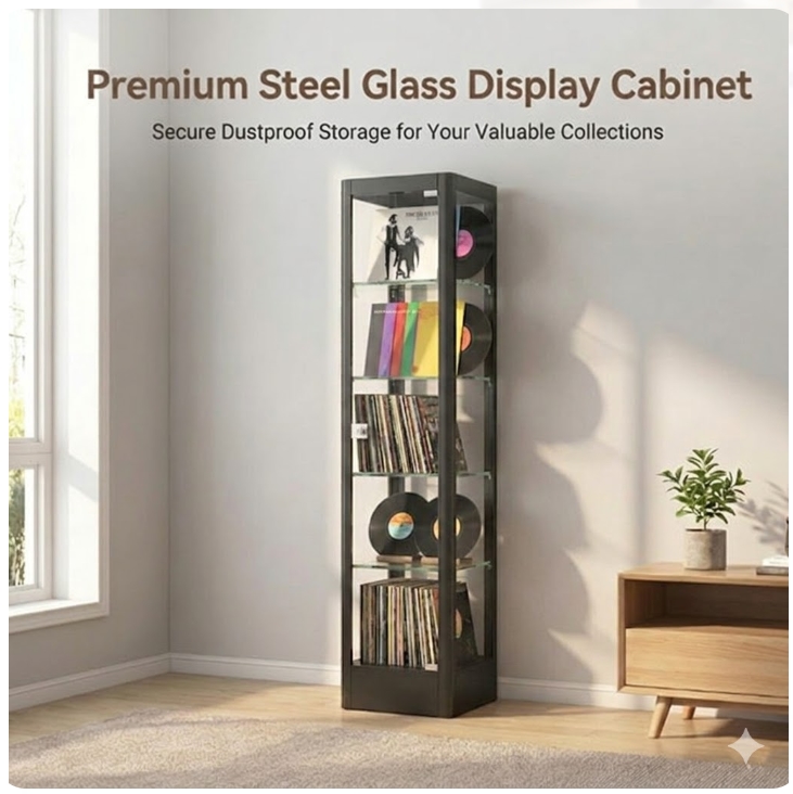 Metal Display Case Shatterproof Glass, 5 Shelves — Vinyl Record Storage Display Factory