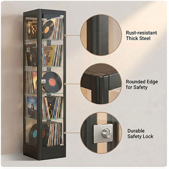 Lockable glass door steel cabinet for vinyl record storage