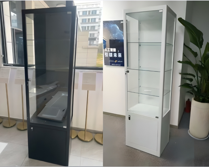 adjustable shelf height inside 4-tier display cabinet for different collectible sizes