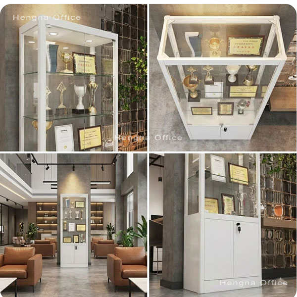 1800mm steel frame award showcase with adjustable glass shelves and metal deadbolt key lock for schools