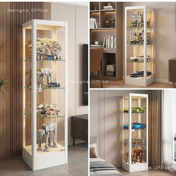 single door tempered glass display cabinet with LED lighting and adjustable shelves