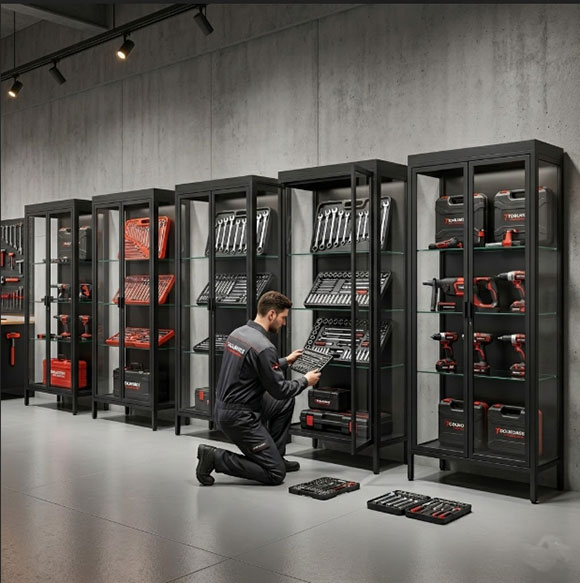 Tool brand showroom with black steel frame display cabinets featuring professional tool collections