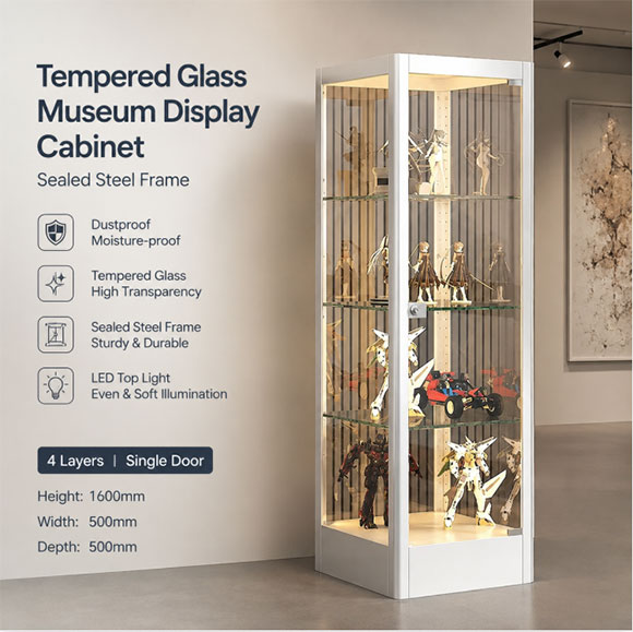 5mm CCC-certified glass vitrine with adjustable shelves displaying historical artifacts