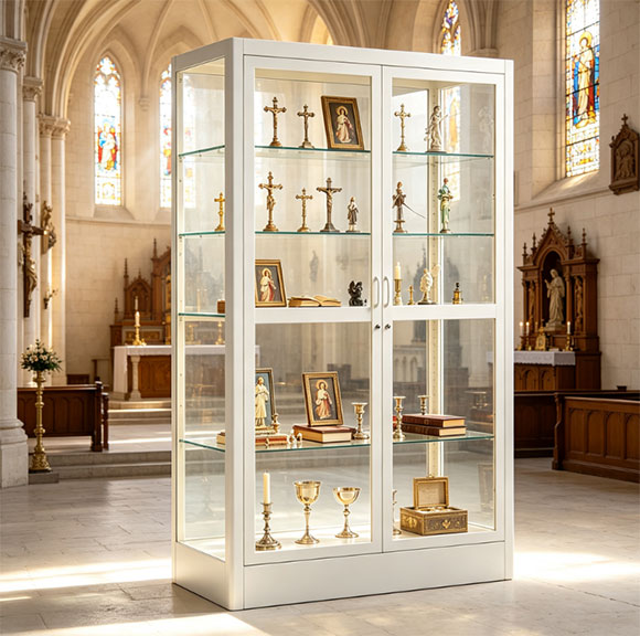 lockable tempered glass showcase in church narthex with sacred objects behind metal key lock door