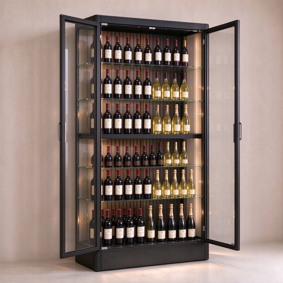 Open wine display cabinet showing five adjustable glass shelves with red wine, white wine, and champagne bottles at different heights