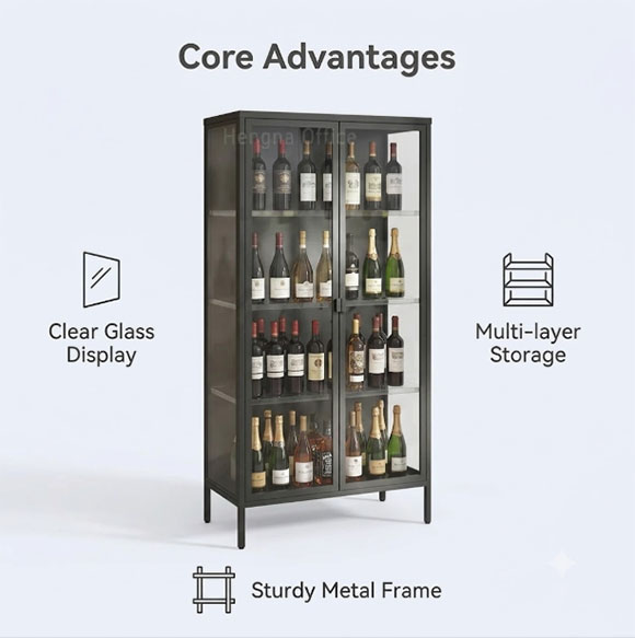 Lockable glass bar cabinet advantages — clear glass display, multi-layer storage, sturdy metal frame