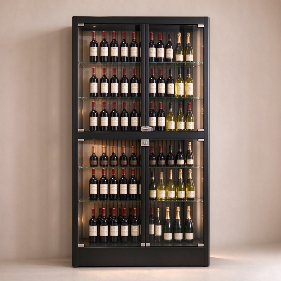 Commercial lockable glass wine display cabinet advantages — clear glass display, multi-layer storage, sturdy metal frame