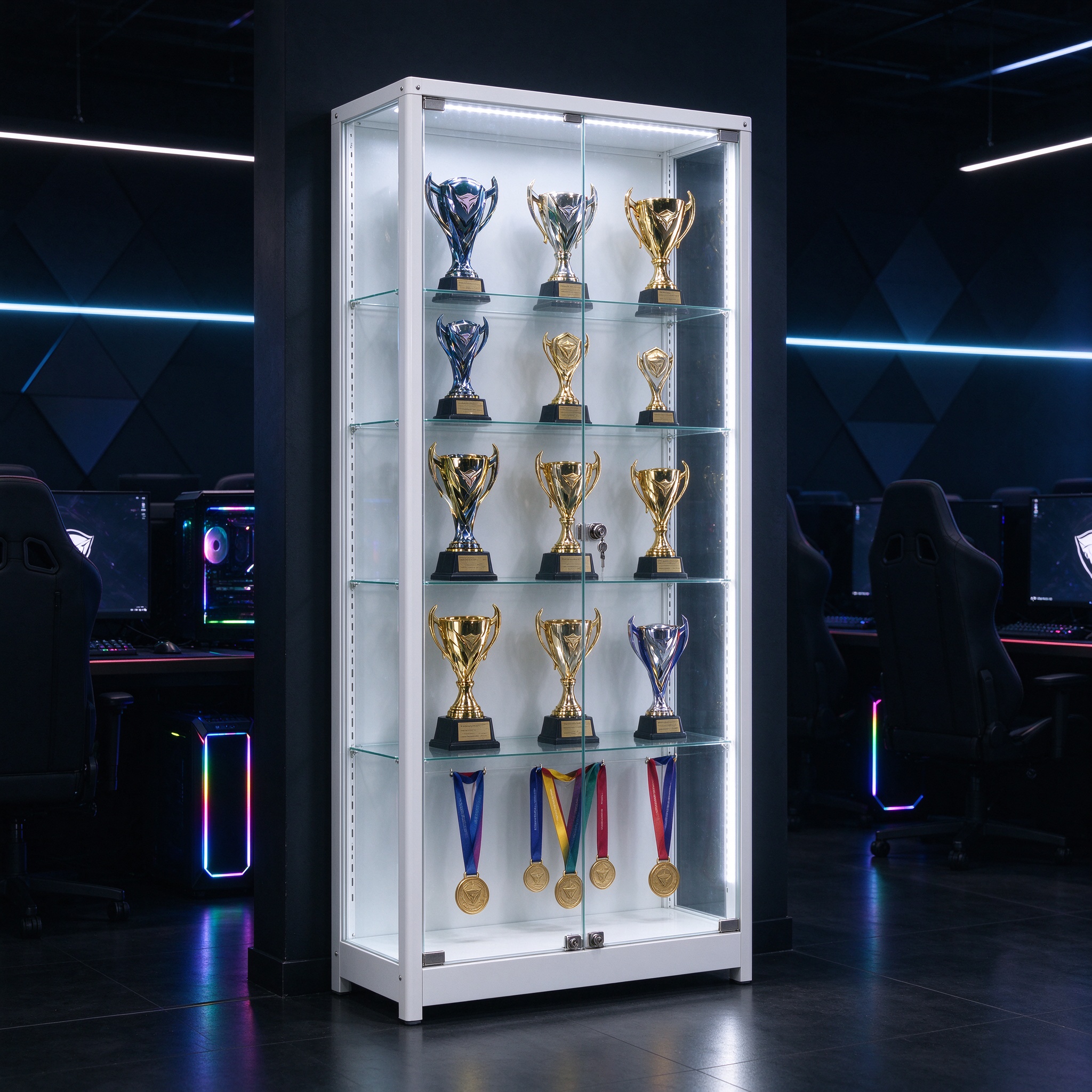 Esports arena trophy display cabinet with LED lighting and glass shelves holding gaming trophies and medals
