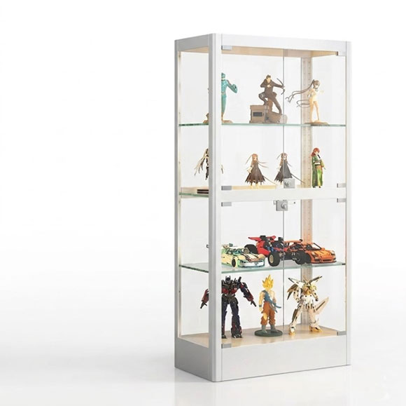 White glass display cabinet with tempered glass shelves and a lockable door